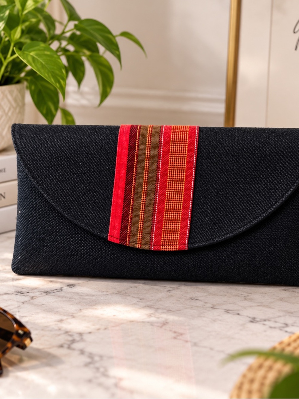 Classic Black Clutch with Red Accent Stripe